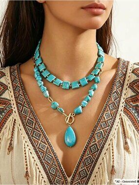 Boho Vintage Turquoise Statement Necklace Chunky Gold Layered Bohemian Collar